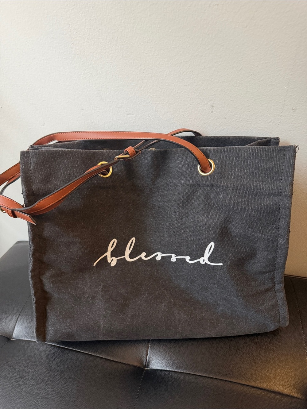 Blessed Canvas Tote Bag with Brown Leather Straps